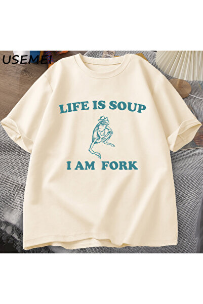 Tarzsokak Tricou cu grafică Life Soup I Fork Frog, din bumbac, unisex, amuzan...