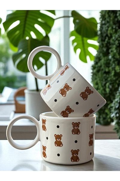 Yumuk Shop Set of 2 Teddy Bear Model Polka Dot Large Size Mug 250 ml