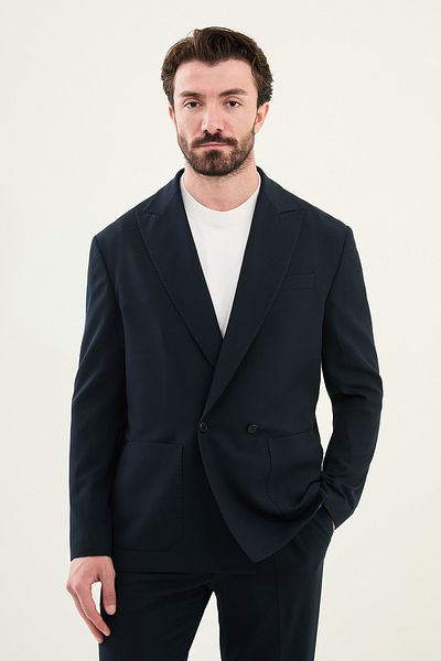Mcr Straight Oversize Wide Collar Double Breasted Men's Suit Navy Blue - 45400.25Y