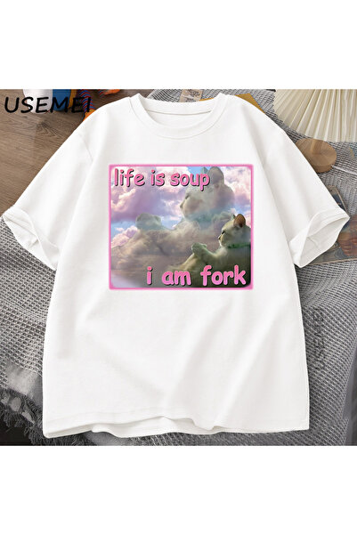 Tarzsokak Hayat Çorba Ben Çatal T Shirt Erkekler Kadınlar için Komik Kedi Bas...