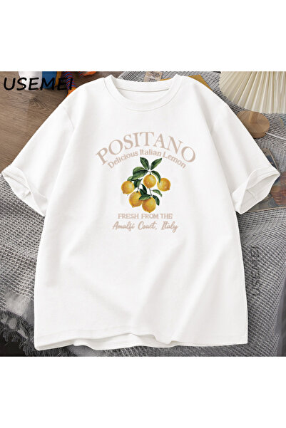 Tarzsokak تي شيرت بوسيتانو ليمون تي شيرت إيطالي من القطن مطبوع عليه ليمون بأك...