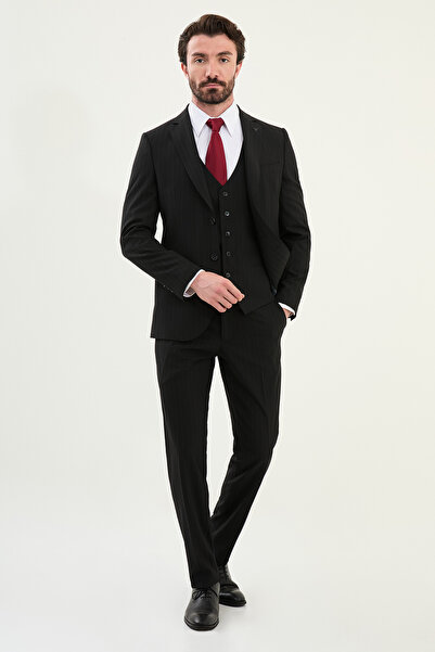 Mcr Çizgili Slim Fit Mono Yaka Yün Erkek Takım Elbise Siyah - 45401.25Y