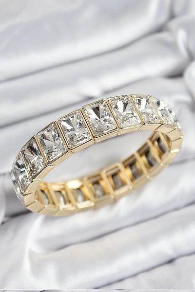 Clariss Brass Zircon Stone Large Rectangular Model Gold Color Elastic Women's Bracelet