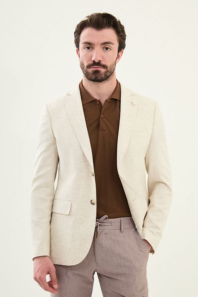 Mcr Crushed Slim Fit Mono Collar Linen Men's Jacket Ecru - 41453.25Y