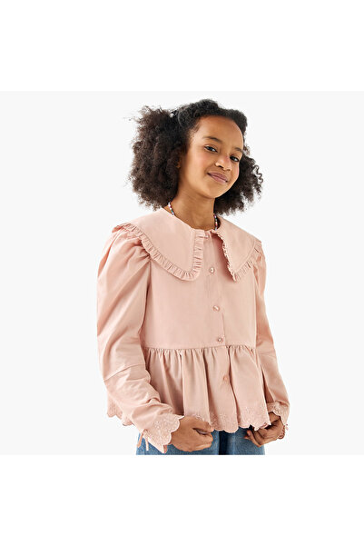 ELIGO بلوزة ببلوم سادة مع ياقة بيتر بان وأكمام طويلة