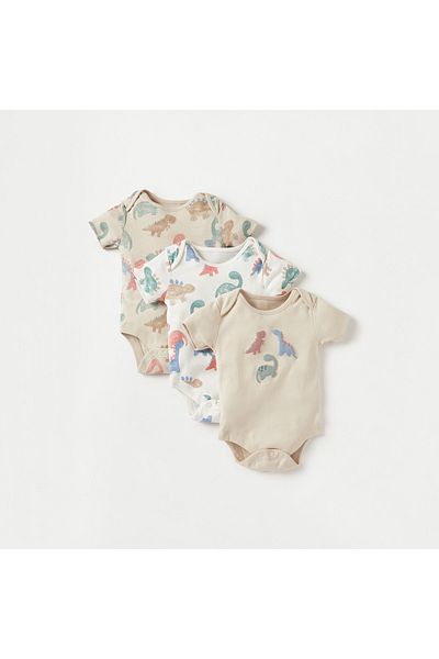 Juniors Dinosaur Print Bodysuit with Short Sleeves and Button Closure - Set of 3