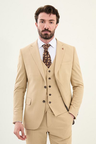 Mcr Patterned Slim Fit Mono Collar Men's Suit Beige - 45404.25Y