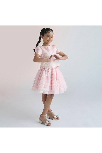 Juniors Textured Round Neck Top with Puff Sleeves and Button Closure