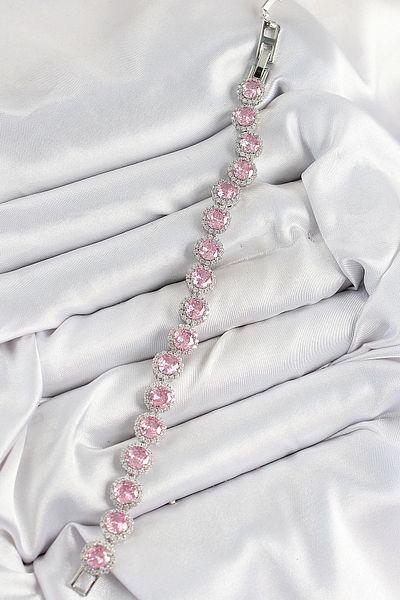 Clariss Brass Pink Zircon Stone Circle Baguette Model Silver Color Vip Series Women's Bracelet