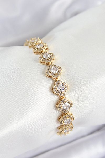 Clariss Brass Zircon Stone Clover Baguette Model Gold Color Vip Series Women's Bracelet