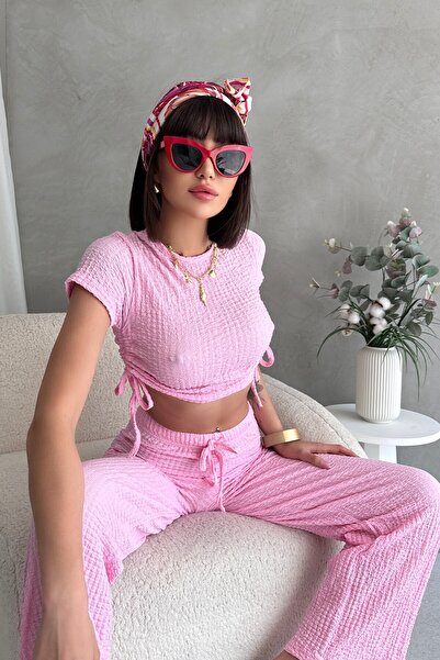 New Now Yandan Büzgülü Gofre Kumaş Beli̇ Ayarlanabi̇li̇r Lasti̇kli̇ Pantolonlu Takim