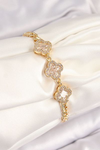 Clariss Brass Zircon Stone Clover Model Gold Color Women's Bracelet