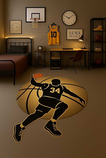 Luna Bianca Basketbol Desenli Halı | Kaymaz Taban Süngerli Dikişli Yıkanabili...