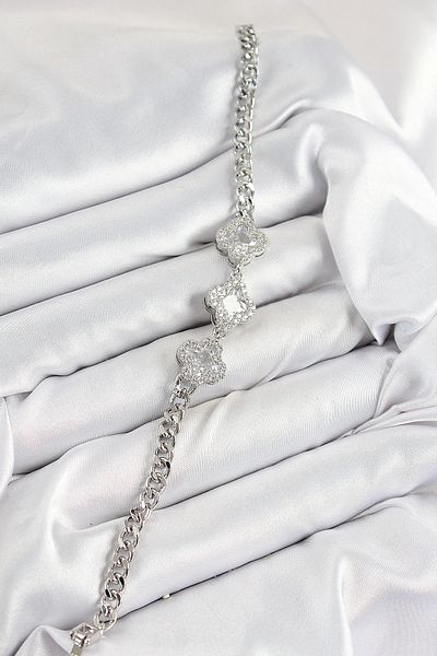 Clariss Brass Zircon Stone Clover Model Silver Color Women's Bracelet