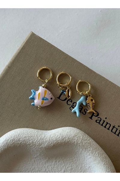 AychaAksesuar Set of 4 Earrings with Steel Glass Beads Fish Mussel Objects
