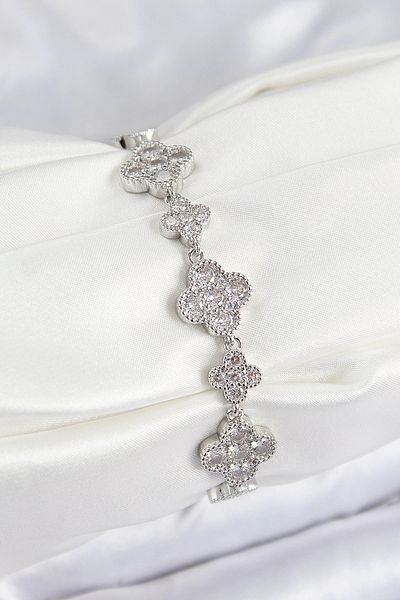 Clariss Brass Zircon Stone Clover Model Silver Color Vip Series Women's Bracelet