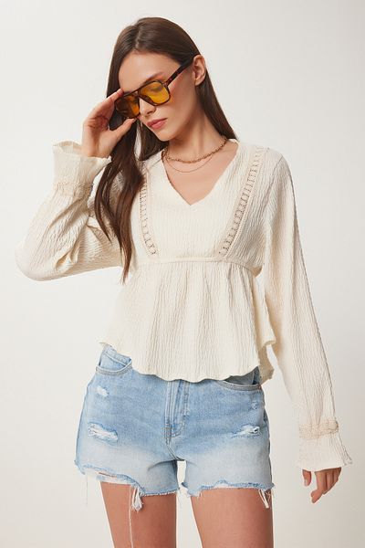 Lovelyİstanbul Textured Blouse with Lace Stripe Lhf0034 Cream