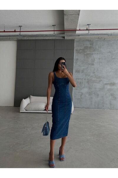 Paydey Lycra Back Slit U Neck Strap Pencil Dress