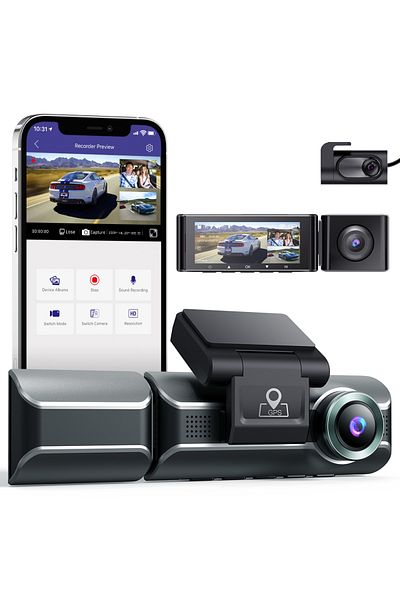AZDOME داش كام M550PRO بدقة 4K و 3عدسات لتصوير شامل بزاوية واسعة، تدعم GPS و Wi-Fi & Bluetooth