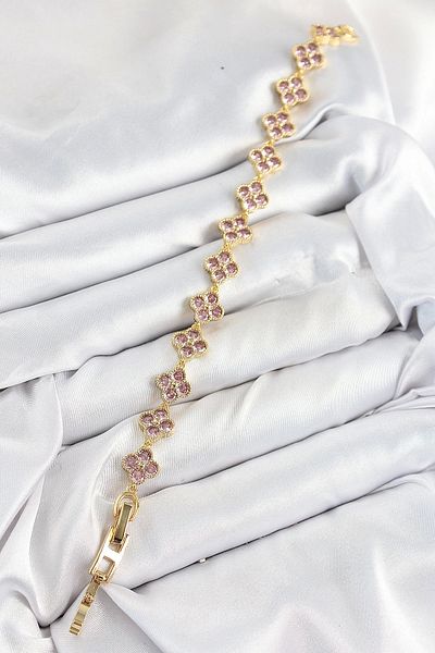Clariss Brass Pink Zircon Stone Clover Model Gold Color Vip Series Women's Bracelet