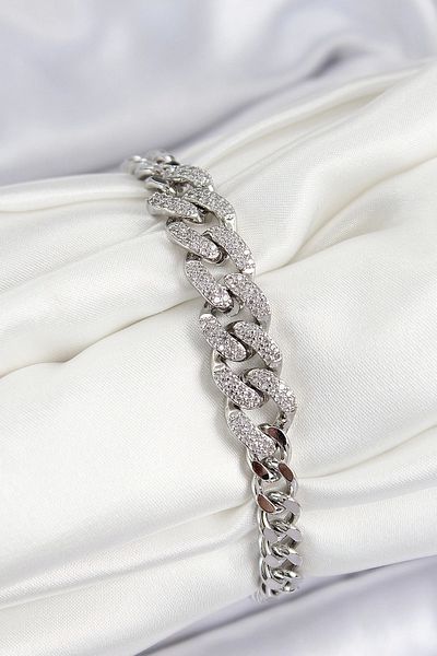 Clariss Brass Zircon Stone Cuban Chain Model Silver Color Women's Bracelet
