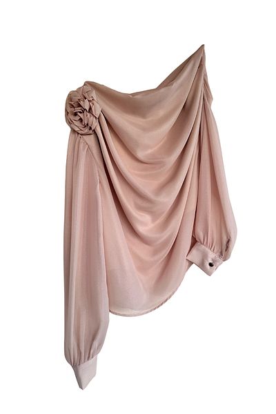Kinzi Women's One Shoulder Bright Powder Chiffon Blouse - Stylish and Elegant Design with Floral Detail