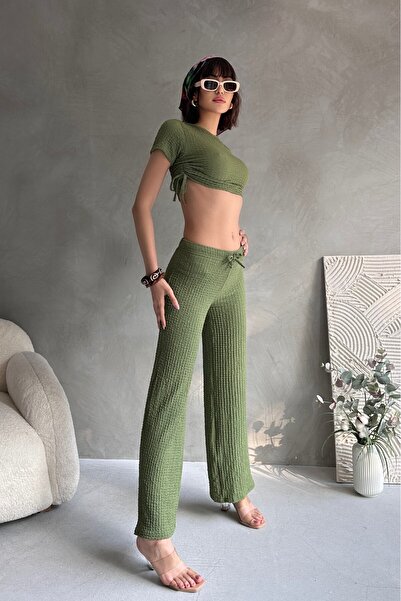 New Now Side Gathered Seersucker Fabric Adjustable Waist Elastic Pants Suit