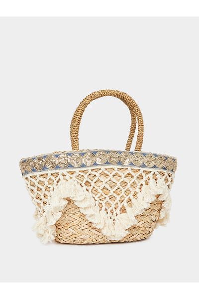 Styli Embellished Raffia Beach Handbag with Pompom Trim