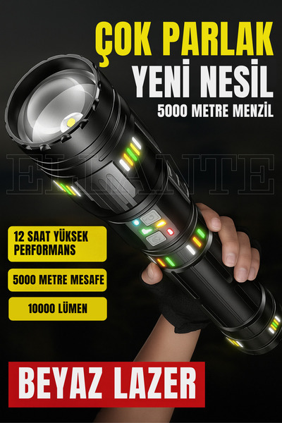 ellante Yüksek Güçlü 10.000 Lümen Gücünde Yüksek Işıklı Taktik Led El Feneri ...