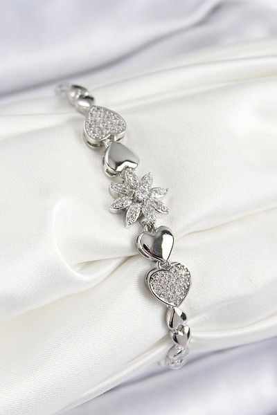 Clariss Brass Zircon Stone Heart Detailed Flower Model Silver Color Women's Bracelet