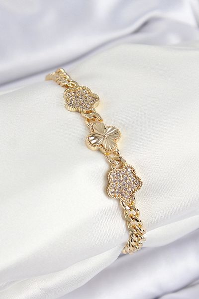 Clariss Brass Zircon Stone Clover Model Gold Color Women's Bracelet
