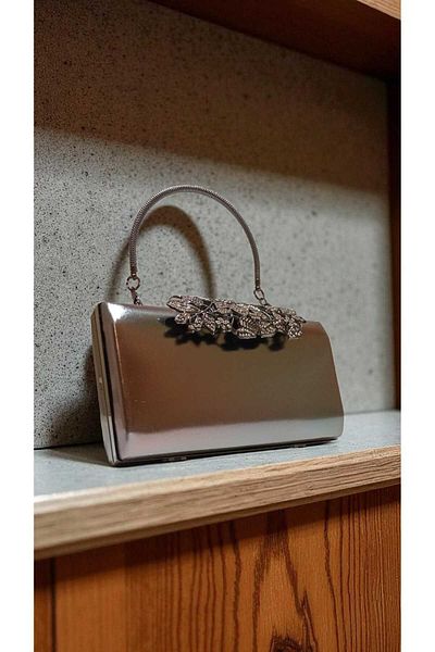 Butik Beyabags Anthracite Slippery Imitation Leather Metal Handle Evening Bag