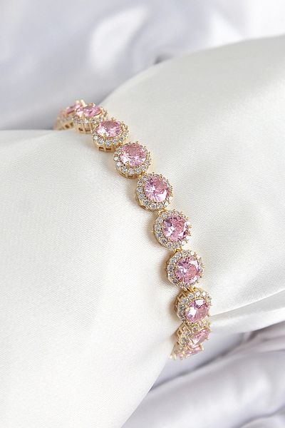 Clariss Brass Pink Zircon Stone Circle Baguette Model Gold Color Vip Series Women's Bracelet