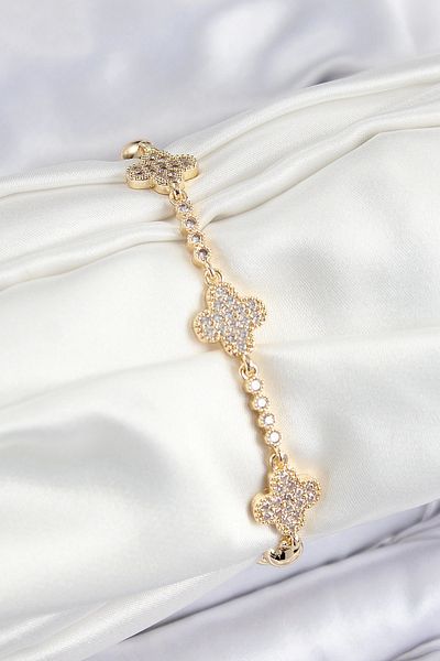 Clariss Brass Zircon Stone Clover Model Gold Color Women's Bracelet