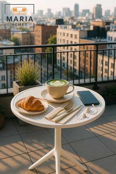 MARIA HOMES White Outdoor Bistro Table with Perforated Top – Plastic Pedestal Design