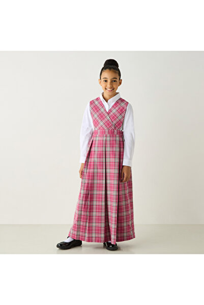 Juniors Checked Sleeveless Pinafore Dress with V-neck