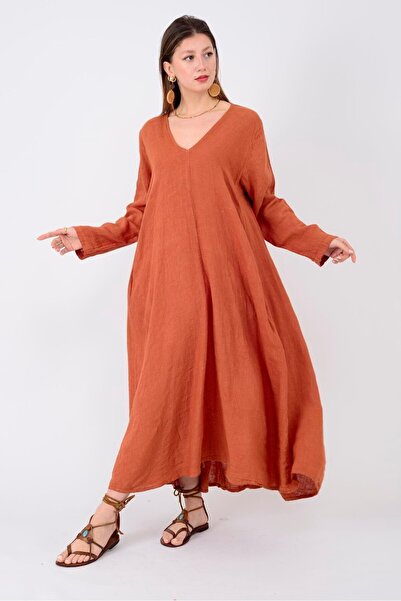 Butik İtalyan V Yaka Keten Elbise - KİREMİT
