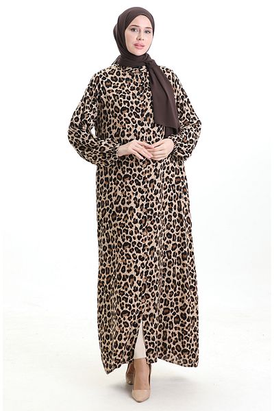 sefamerve Φόρεμα με κουμπιά με σχέδιο Leopard 0122-01 Μαύρο Μπεζ