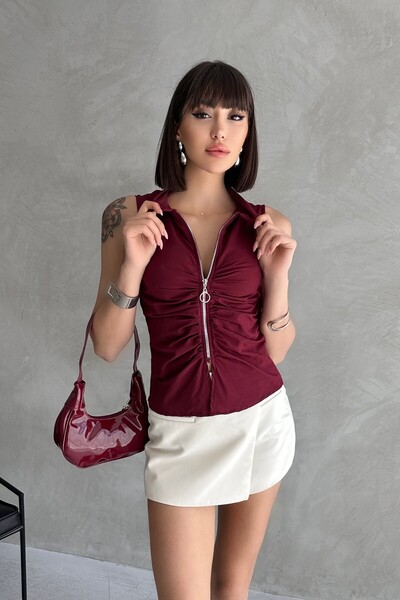 New Now Zipped Detail Shirt Collar Sleeveless Bluz