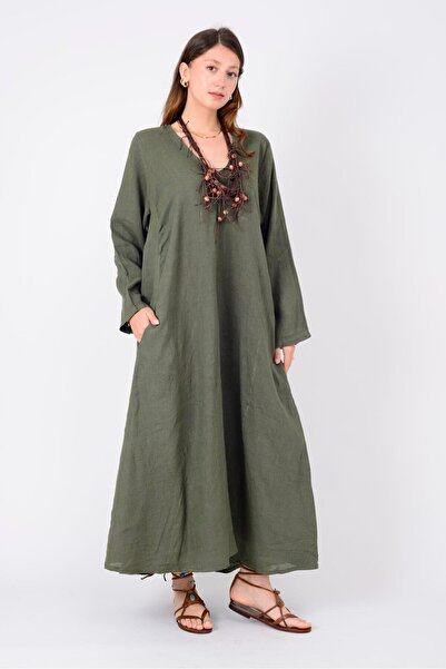 Butik İtalyan V Yaka Keten Elbise - HAKİ