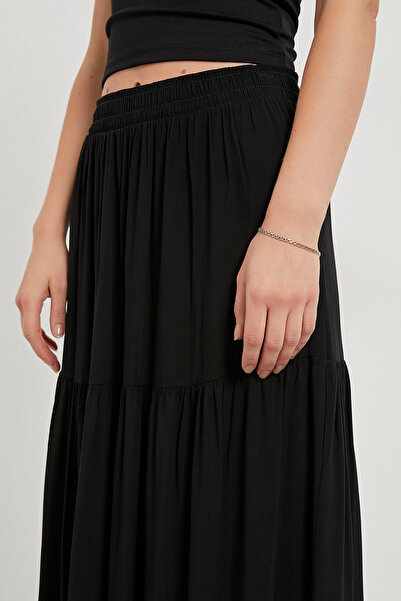 Arma Life Women's Piece Black Flared Long Skirt with Elastic Waist