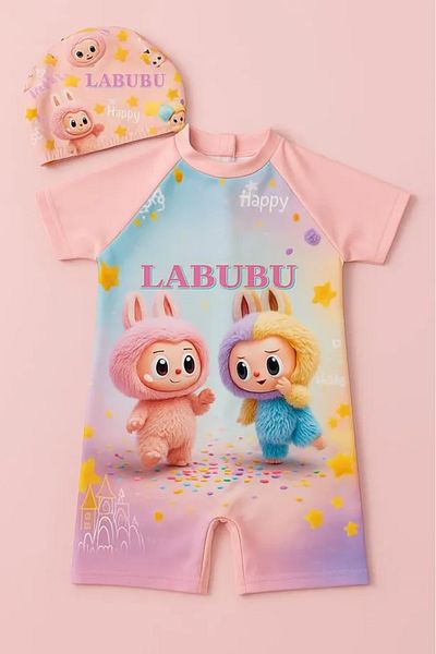 gnygiyim Girl's Character Patterned Uw Protected Jumpsuit Swimsuit with Hidden Zipper Belt 2 Pieces