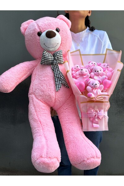 lenostra Konsept Hediyelik - 90cm Pembe Ayıcık ve Pembe Ayıcıklı Kalpli Premi...