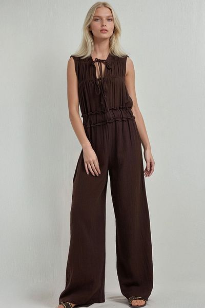 Hiccup Round Neck Textured Wide Leg Jumpsuit
