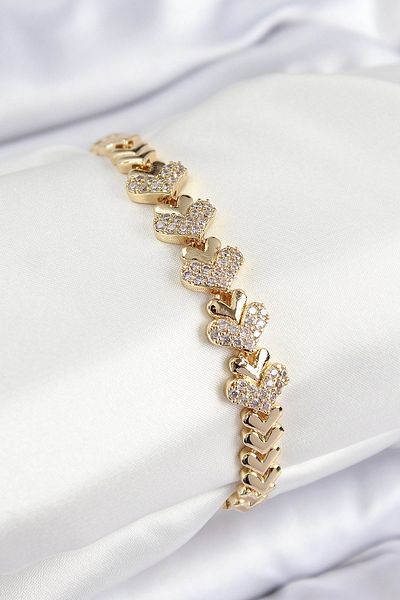 Toptan Bulurum Brass Zircon Stone Heart Model Gold Color Women's Bracelet