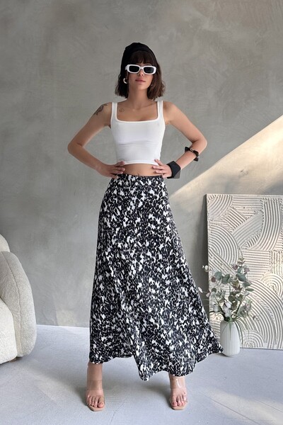 New Now Patterned Long Porked Flare Skirt