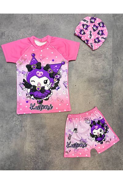 ARBİ kids Girl's Kuromi Pink Boned Shorts Three-Piece Swimsuit