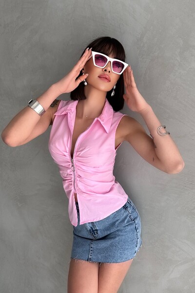 New Now Zipped Detail Shirt Collar Sleeveless Bluz