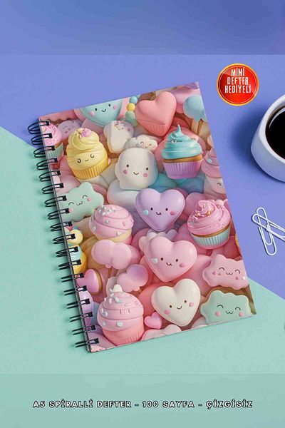 SevindirenŞeyler Sweet Clouds Hearts Notebook A5 Metal Spiral Unlined Cardboard Cover Planner Notebook