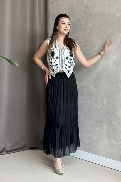 Poliyance İlay Vala Black Long Lined Pleated Chiffon Skirt